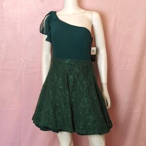 City Studio Emerald Green One Shoulder Fit and Flare Mini Lace Formal Dress 7